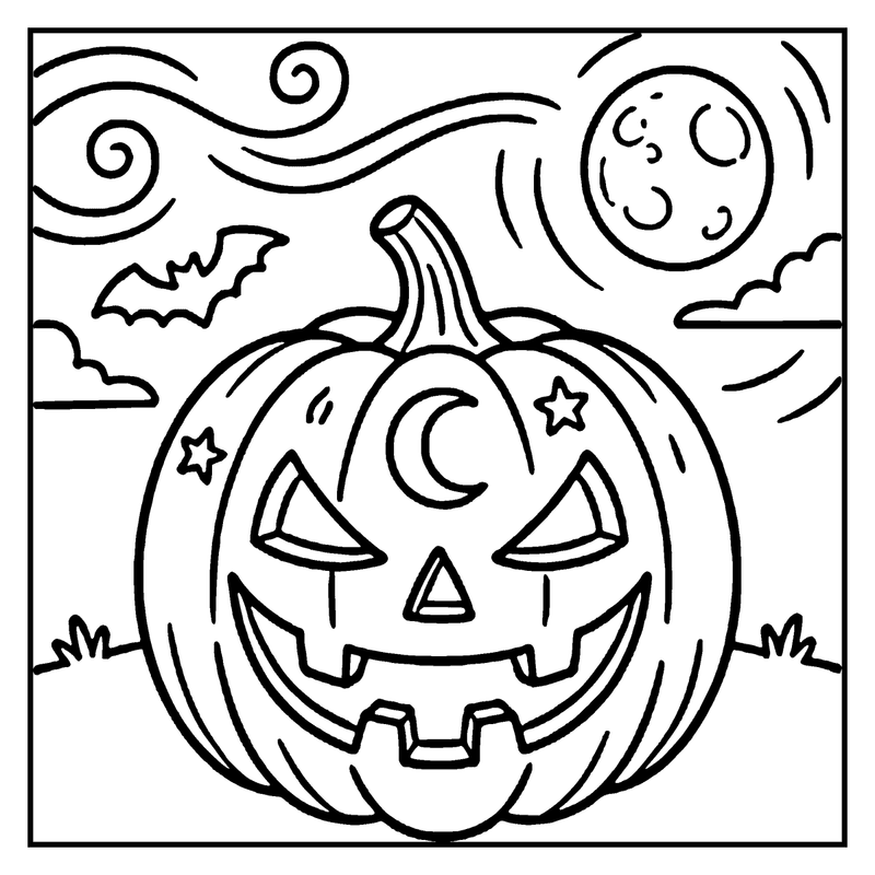 A Halloween pumpkin with a carved face, stars, and a crescent moon, surrounded by bats, clouds, and a moon