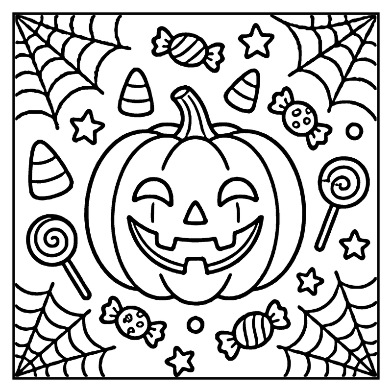 A happy pumpkin with a carved face, surrounded by various Halloween treats and decorations