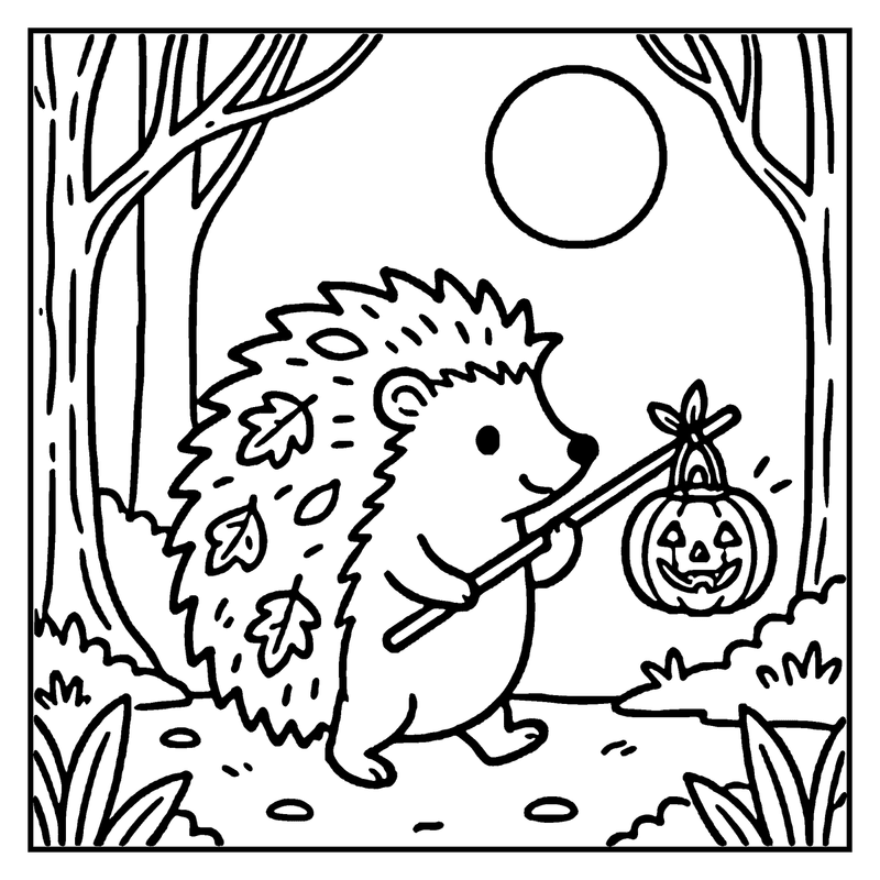 A hedgehog is holding a pumpkin lantern in a forest at night