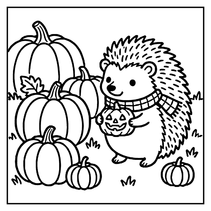 A hedgehog is holding a small pumpkin, surrounded by various pumpkins, in a fall setting