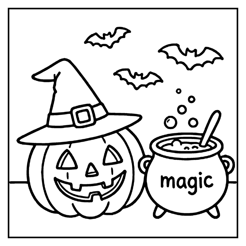 A jack-o'-lantern wearing a witch's hat next to a magic potion in a cauldron, with bats flying around, a pumpkin coloring page