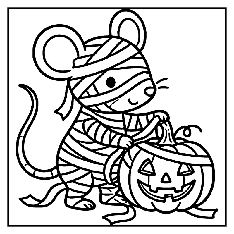 A mummy mouse is trick-or-treating, holding a jack-o'-lantern, with a striped bandage and a happy expression, a pumpkin coloring page