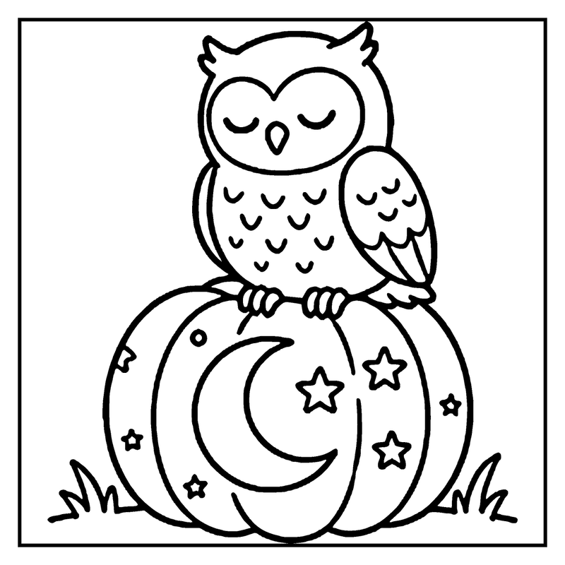 An owl perched on a pumpkin with stars and a crescent moon, surrounded by grass