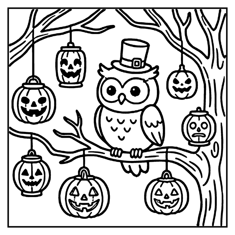 An owl wearing a top hat sits on a branch surrounded by carved pumpkins, a halloween coloring page