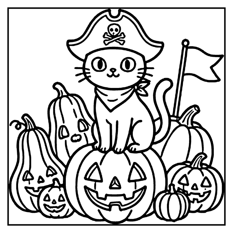 A pirate cat sits atop pumpkins, holding a flag, surrounded by carved pumpkins, a halloween coloring page