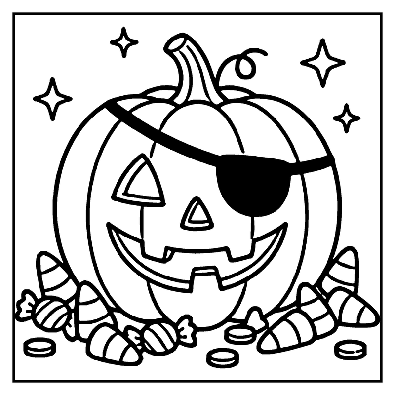 A pirate pumpkin with a black eye patch, smiling, surrounded by candy and coins, and stars in the background