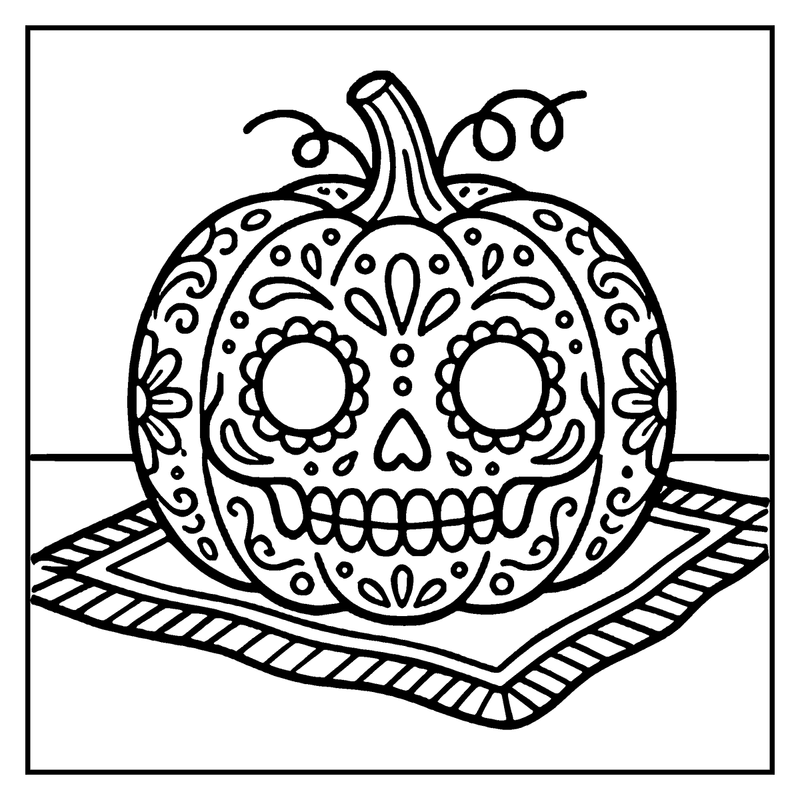 A pumpkin with a skull design sits on a striped napkin