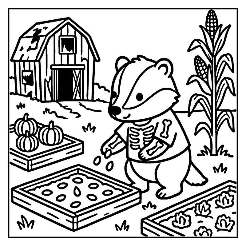 A raccoon in a skeleton shirt planting seeds in a garden, a halloween coloring page