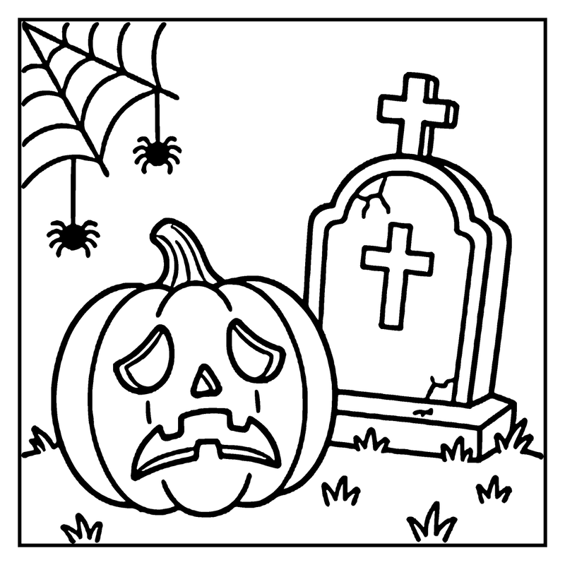 A spooky pumpkin with a carved face lies next to a tombstone in a graveyard
