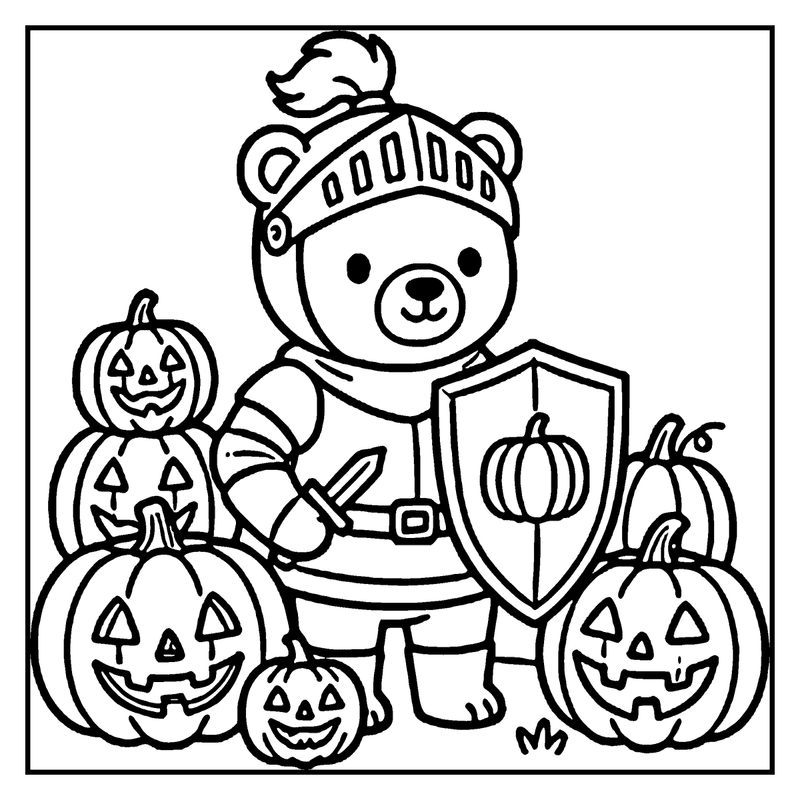 A teddy bear dressed as a knight stands with a shield and sword, surrounded by carved pumpkins, a halloween coloring page