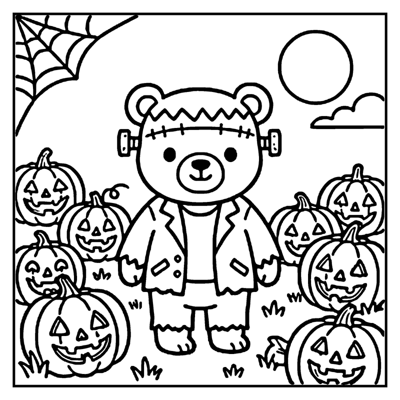 A teddy bear dressed as Frankenstein stands among carved pumpkins on Halloween night