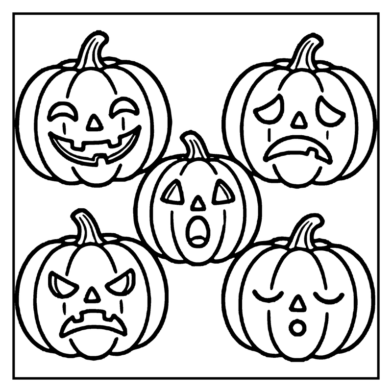 This children's coloring page drawing depicts five pumpkins with different facial expressions, a halloween coloring page