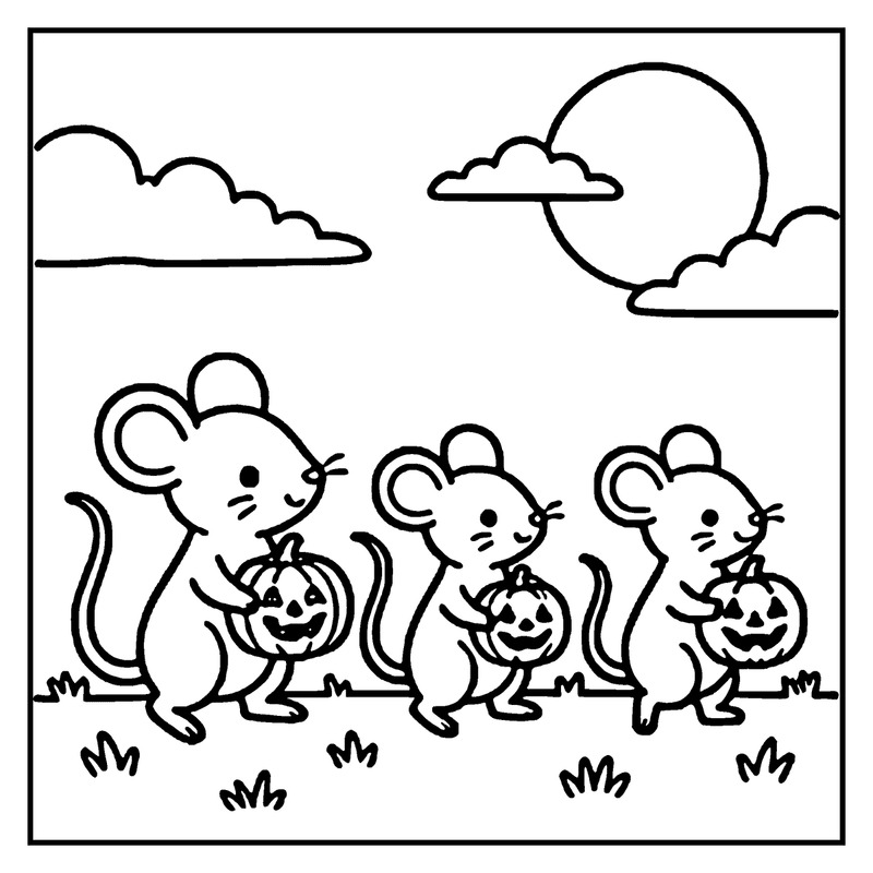 Three mice holding jack-o'-lanterns in a grassy field under a moonlit sky, a halloween coloring page