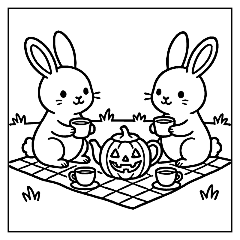 Two bunnies enjoy a picnic with a carved pumpkin and cups of tea