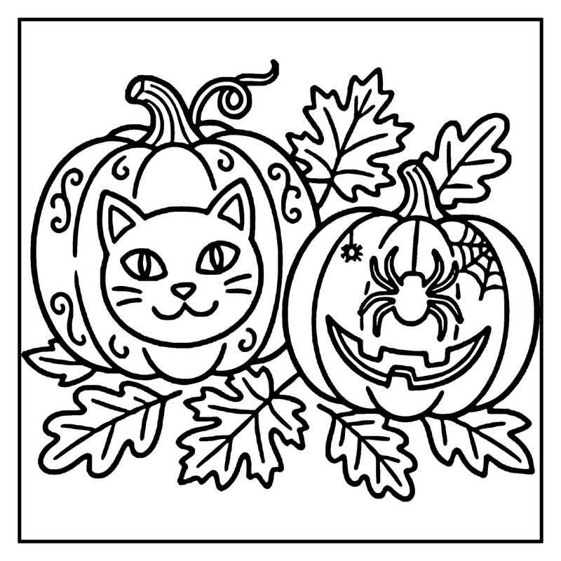 Two pumpkins, one with a cat face and the other with a spider, surrounded by autumn leaves, a halloween coloring page