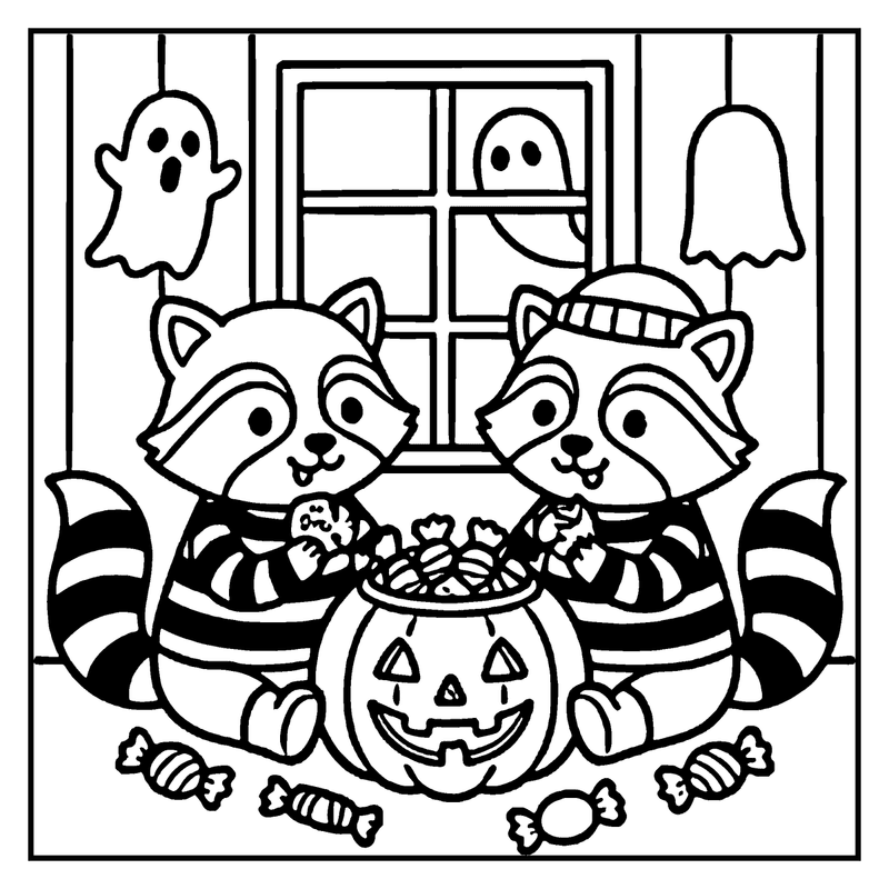 Two raccoons in striped sweaters are eating Halloween candy by a jack-o'-lantern, a pumpkin coloring page