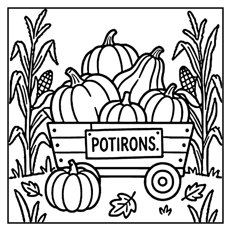A wagon filled with pumpkins and corn, labeled "Potirons," sits in a field with leaves and stalks, a halloween coloring page