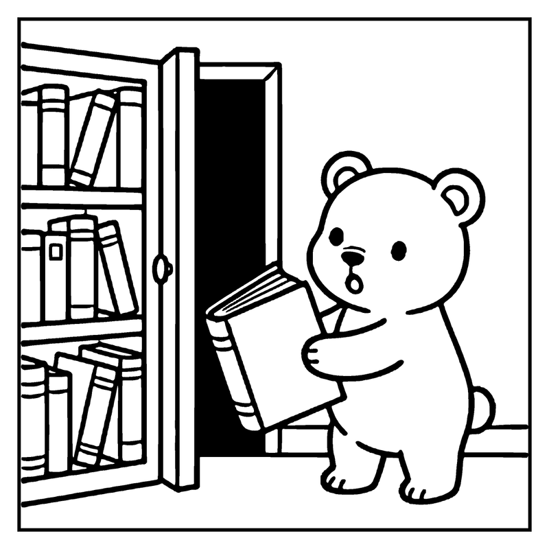 A bear is holding a book and looking at a bookshelf, a haunted house coloring page