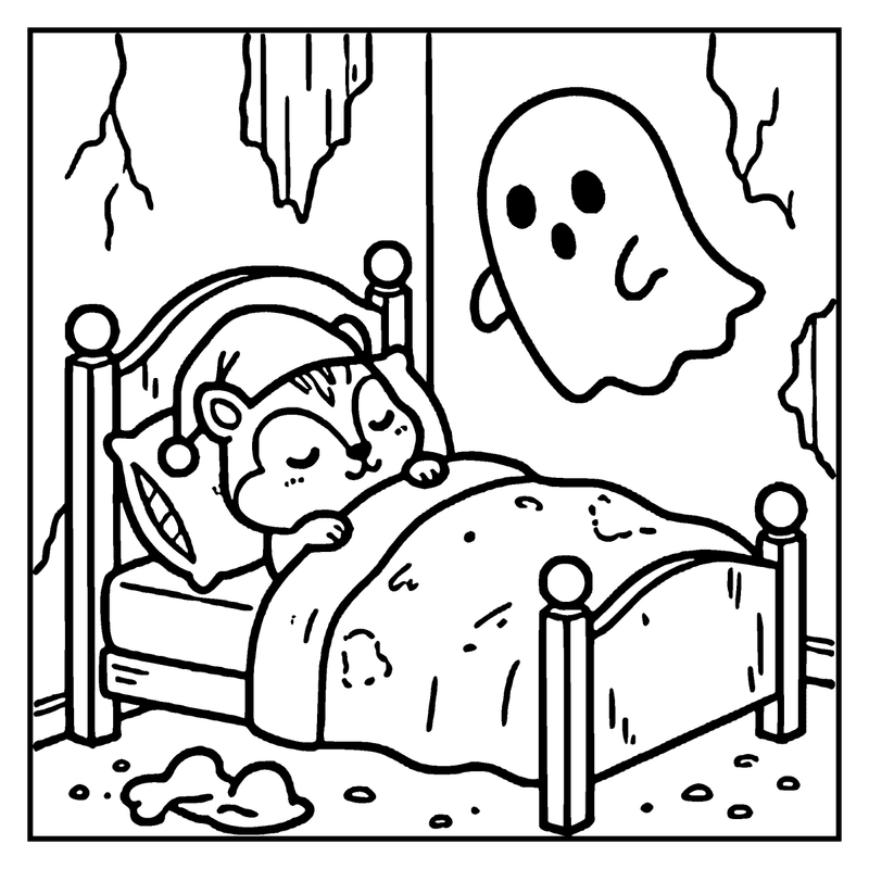 A cat is sleeping in bed, looking scared as a ghost approaches from the wall