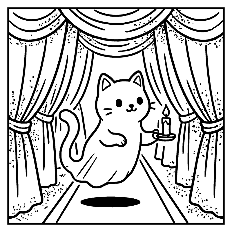 A cute cat is holding a lit candle in front of a window with curtains, a haunted house coloring page