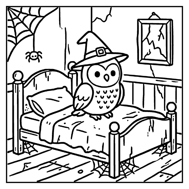 A cute owl wearing a witch hat is sitting on a bed with spider webs and cobwebs around, a haunted house coloring page
