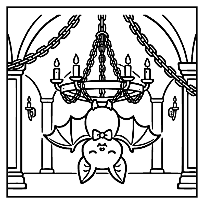 A cute vampire bat is hanging upside down from a chandelier in a gothic setting, a haunted house coloring page