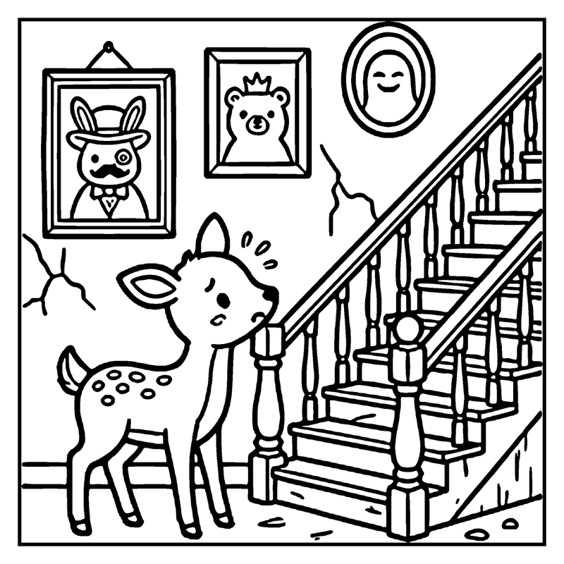 A deer stands on a step, looking surprised or scared, with a staircase and framed pictures in the background, a haunted house coloring page
