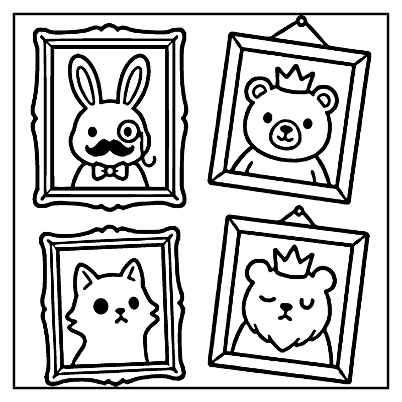 Four framed drawings of cute animals, each with a unique crown and accessories, a haunted house coloring page