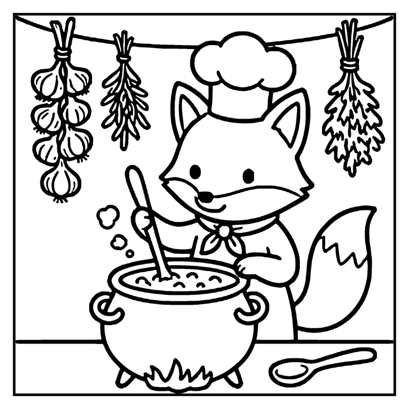 A fox chef is stirring a pot of soup in a kitchen with hanging herbs and garlic, a haunted house coloring page