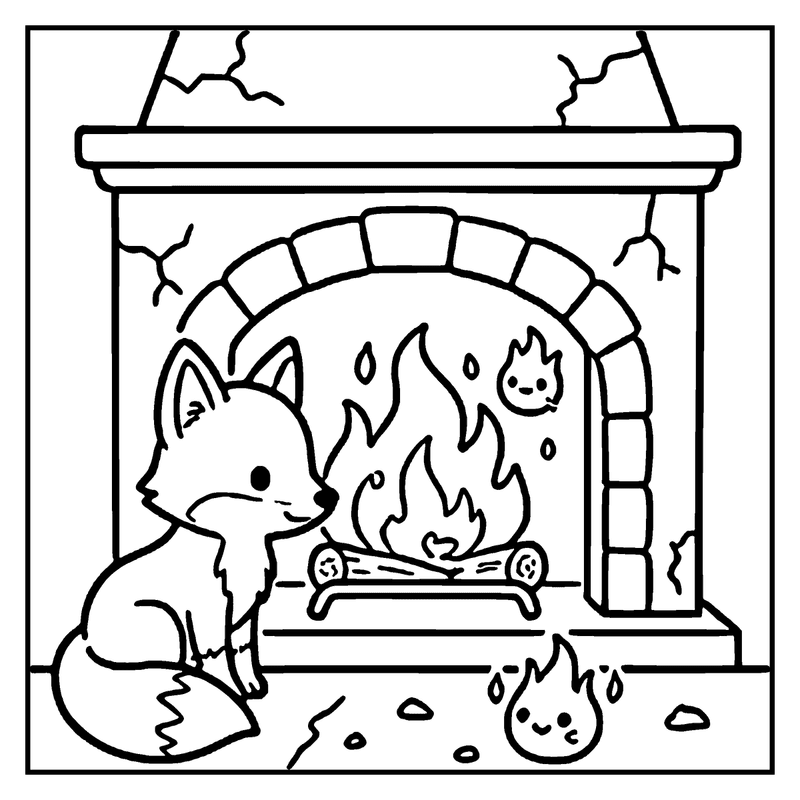 A fox sits by a crackling fireplace, warming itself and looking content, a haunted house coloring page