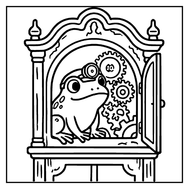 A frog wearing glasses sits inside a clock with gears and a decorative frame, a haunted house coloring page