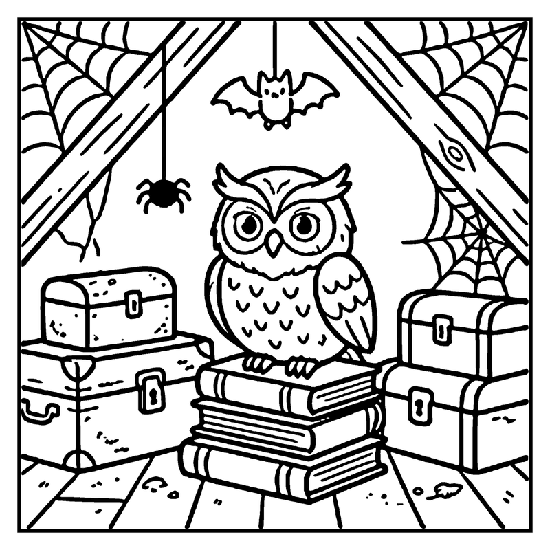 An owl sits on a stack of books, surrounded by cobwebs, a bat, and a spider, in a spooky Halloween setting, a haunted house coloring page