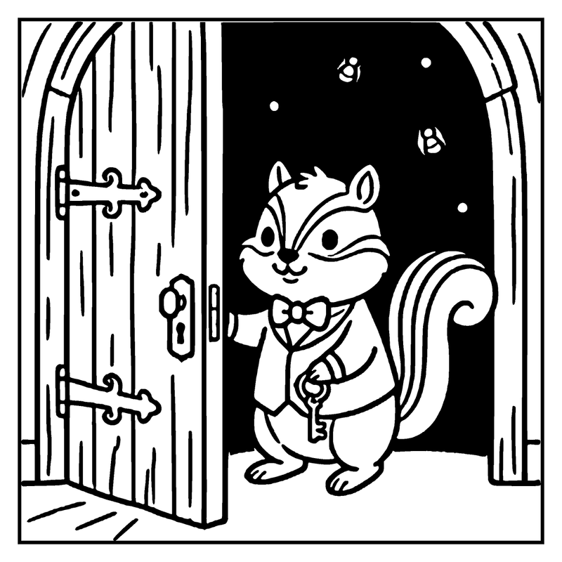 A squirrel in a tuxedo stands in a doorway, looking out at a starry night, a haunted house coloring page