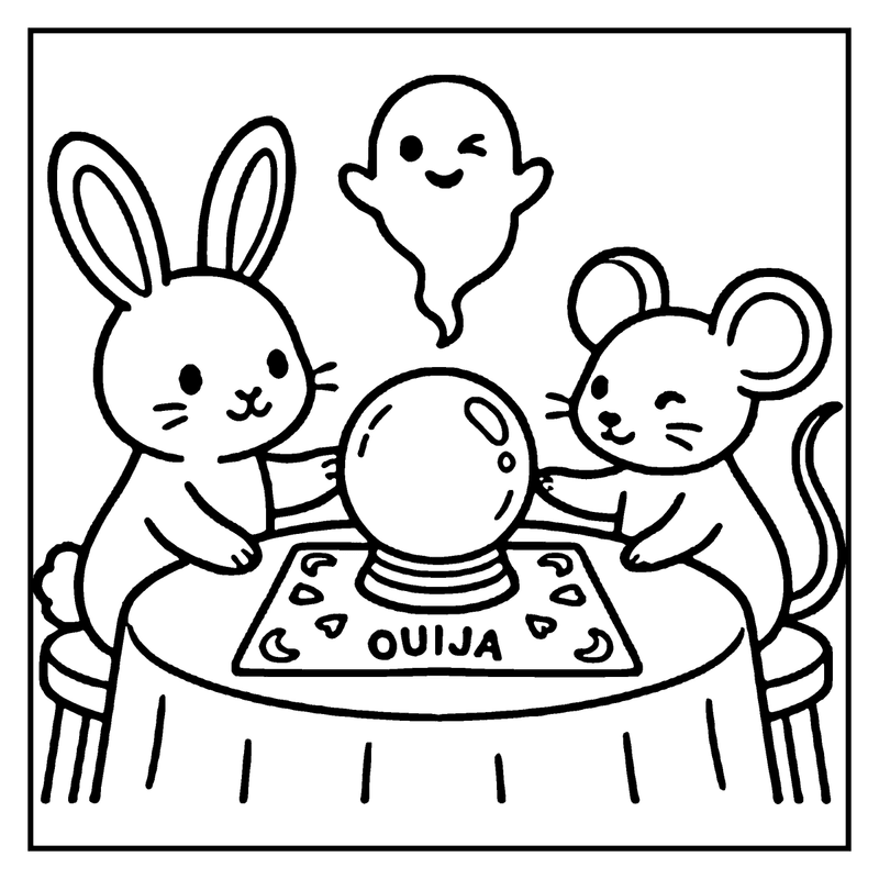 Two cute animals, a rabbit and a mouse, are playing with a crystal ball on a table with a "Ouija" board, a haunted house coloring page