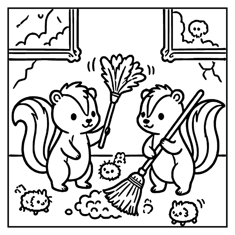 Two cute chipmunks are cleaning up a messy room with a broom and a feather duster, a haunted house coloring page