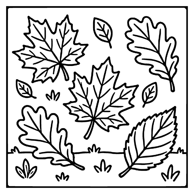 A black and white drawing of various autumn leaves, including maple and oak, scattered on the ground with small patches of grass, a leaf coloring page