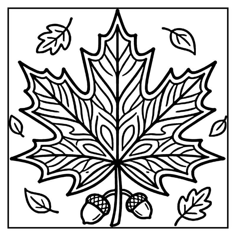 A detailed maple leaf with intricate patterns, surrounded by small leaves and acorns, set against a white background