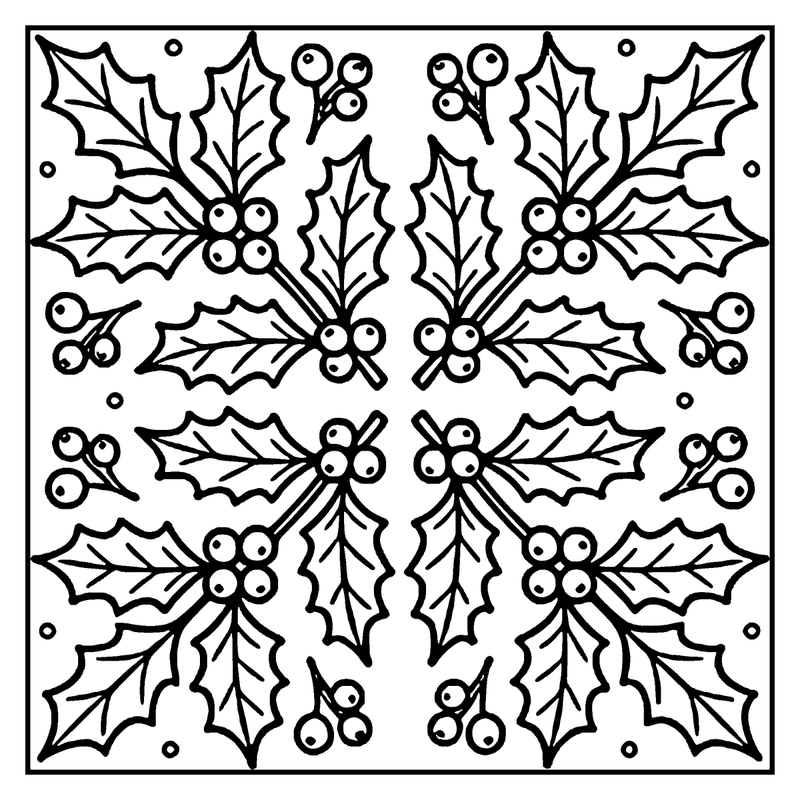 The drawing depicts a snowflake made of holly leaves and berries, with snowflakes falling around it, a leaf coloring page