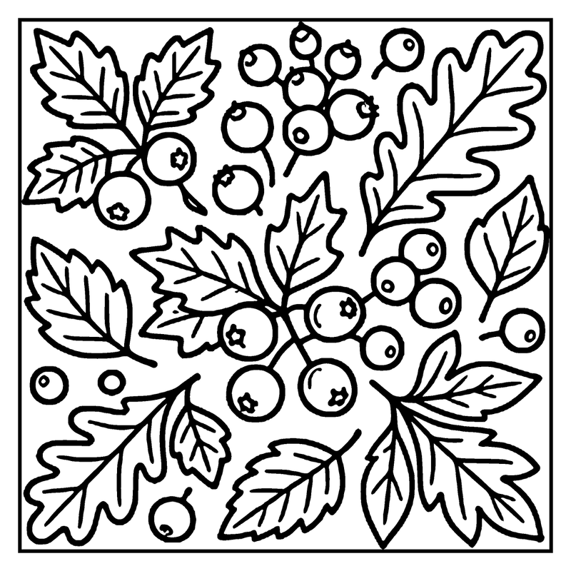 A snowflake with berries and leaves, perfect for a winter-themed coloring page, a leaf coloring page