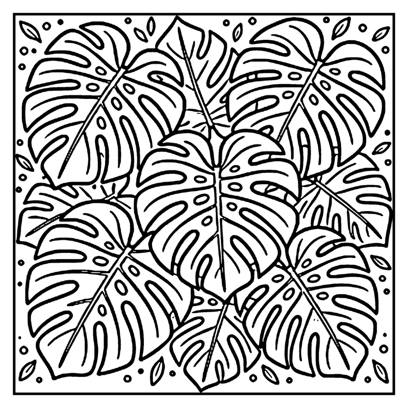 Tropical leaves with intricate patterns, surrounded by small dots and leaves, a leaf coloring page