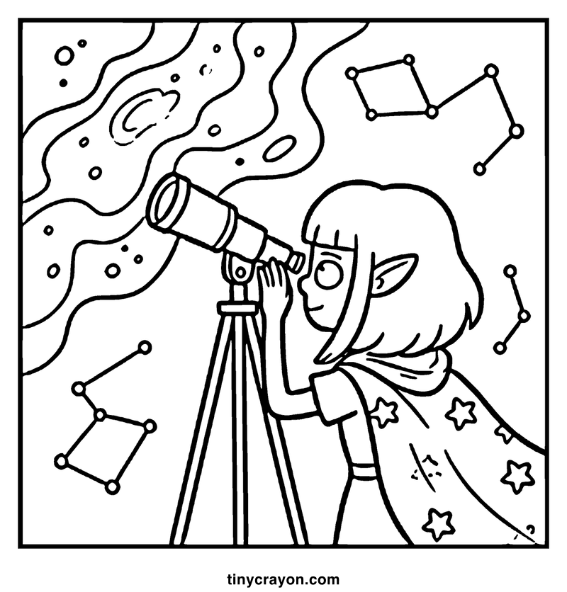 A child looks through a telescope, observing stars and constellations in space, a lesbian space princess coloring page