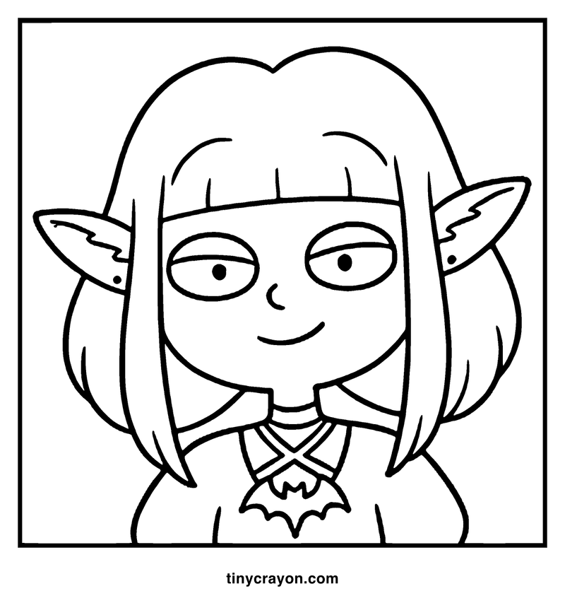 An elf girl with pointed ears and a bat necklace is smiling, a lesbian space princess coloring page