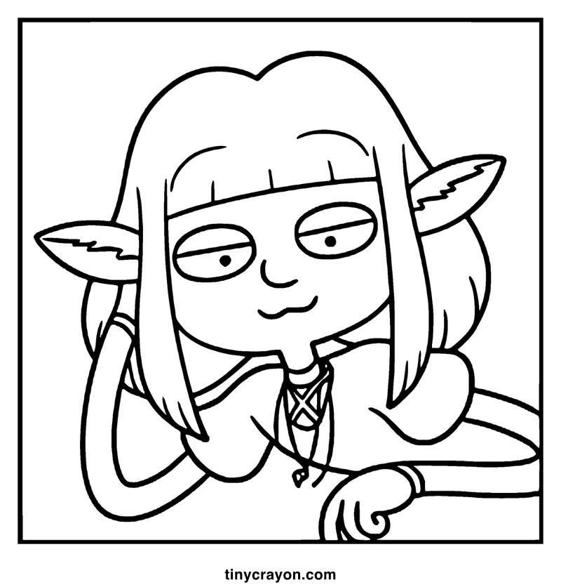 An elf girl with long hair sits on a chair, looking thoughtful, a lesbian space princess coloring page