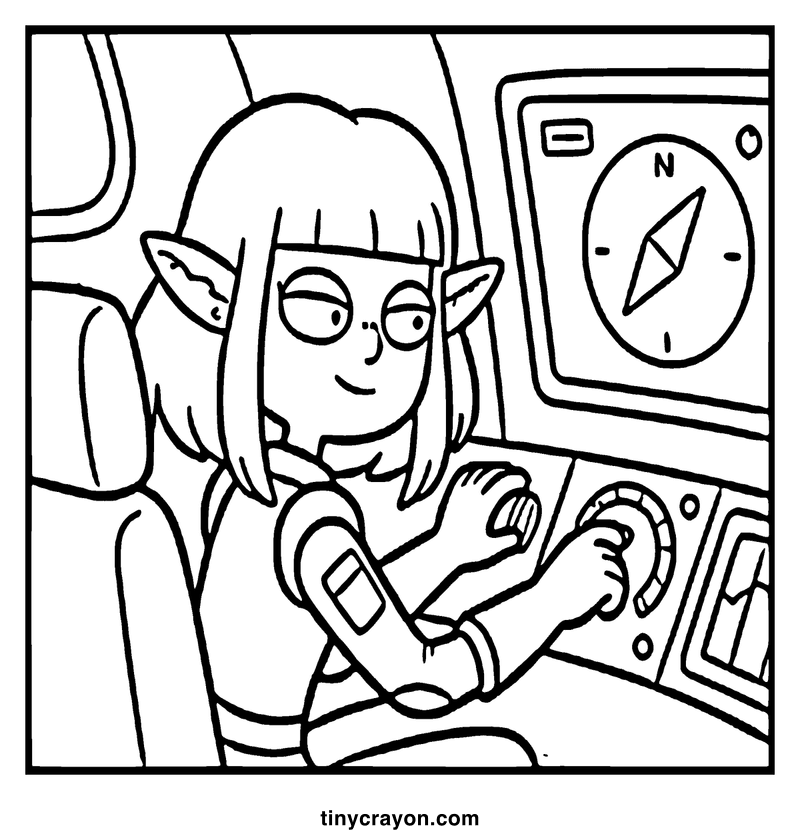 An elf girl with pointed ears sits in a spaceship cockpit, operating controls and looking at a compass, a lesbian space princess coloring page