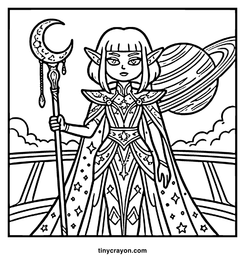 A fairy with pointed ears holds a crescent moon staff, standing on a bridge with a planet and clouds in the background, a lesbian space princess coloring page