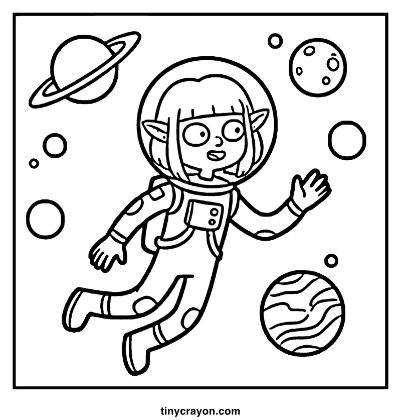 A girl in an astronaut suit floats in space, surrounded by planets and moons, a lesbian space princess coloring page
