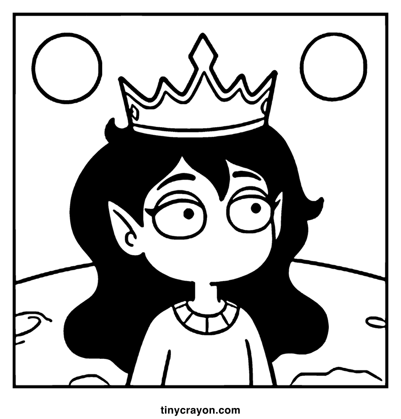 A girl with a crown and long hair is floating in water with bubbles around her, a lesbian space princess coloring page