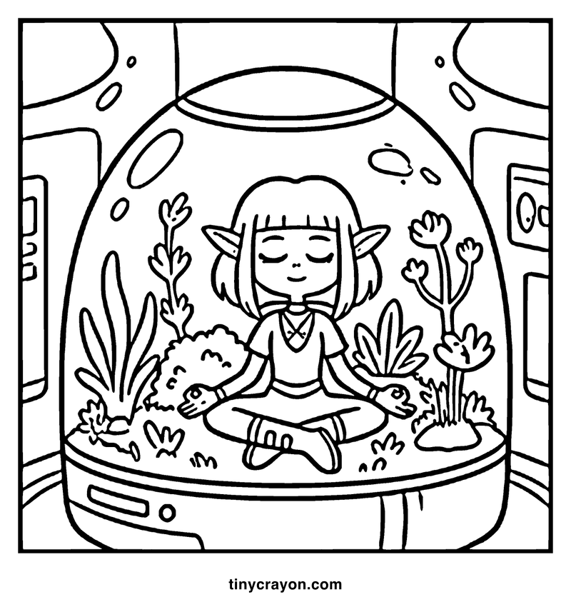 A girl with elf ears is meditating in a terrarium filled with plants and bubbles, a lesbian space princess coloring page