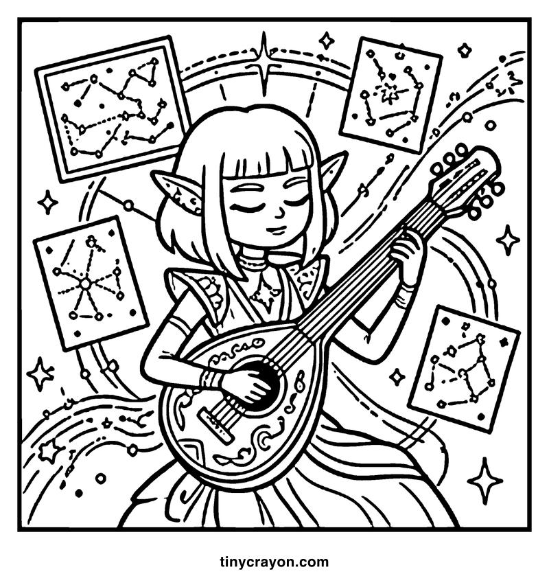 A girl with elf ears plays a lute surrounded by star constellations, a lesbian space princess coloring page
