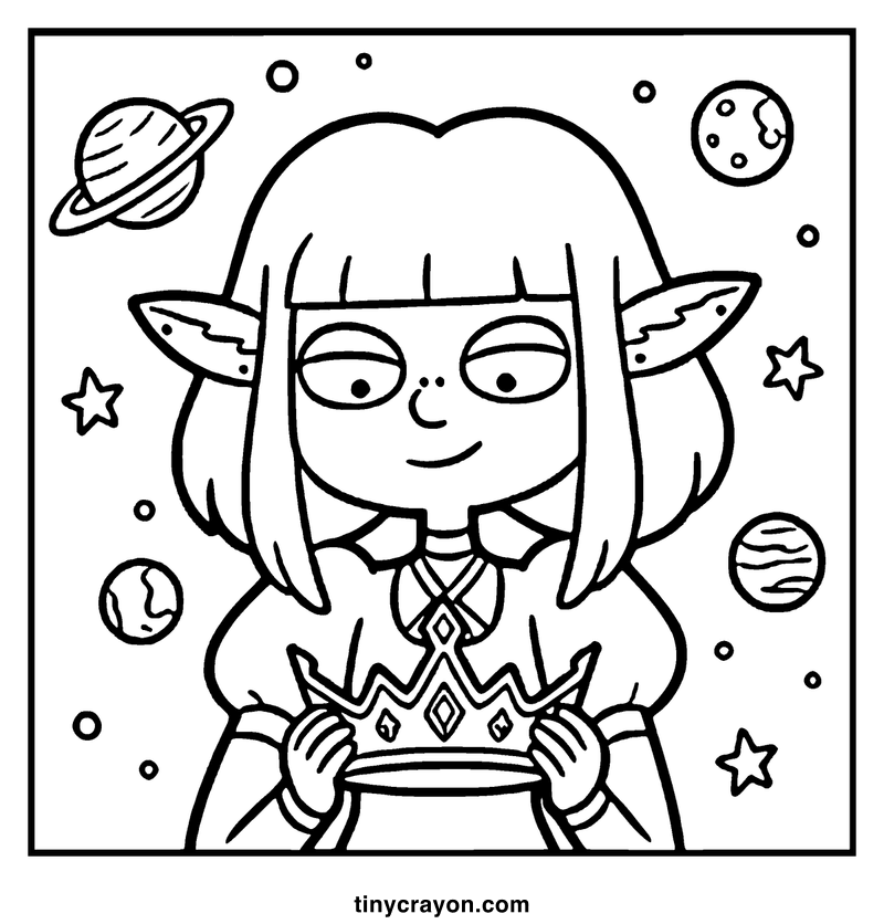 A girl with elf-like ears and glasses stands in space, surrounded by planets, stars, and a planet with rings, a lesbian space princess coloring page